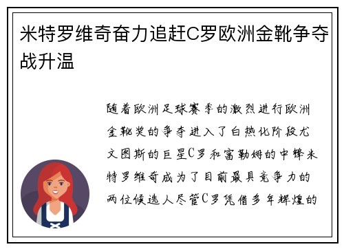 米特罗维奇奋力追赶C罗欧洲金靴争夺战升温 米特罗维奇奋力追赶C罗欧洲金靴争夺战升温